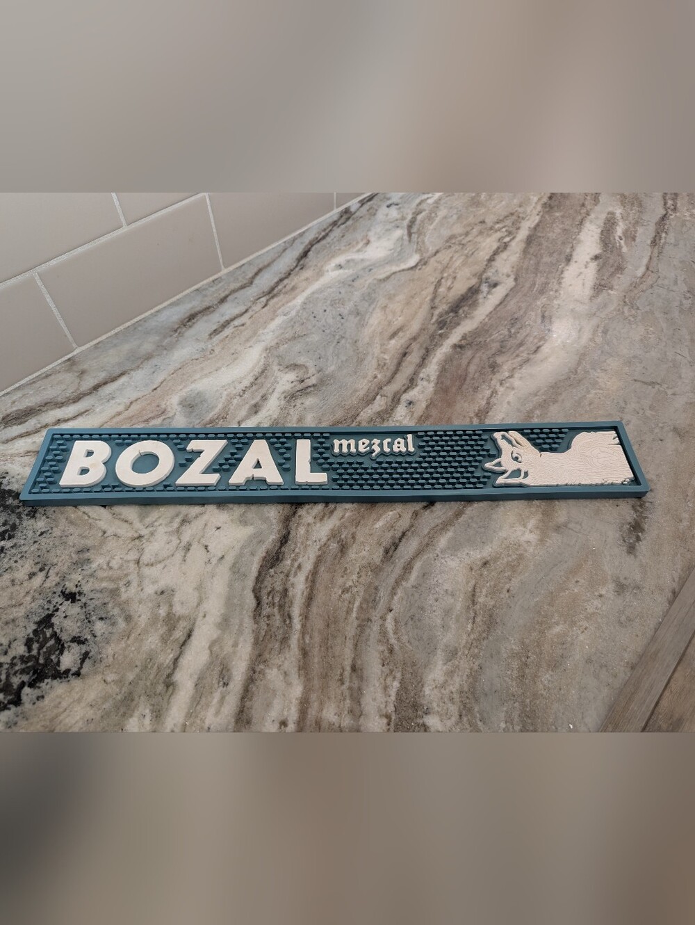 Bozal Mezcal Collectible Bar Mat 23 1/2 Inches By 3 Inches Teal And White